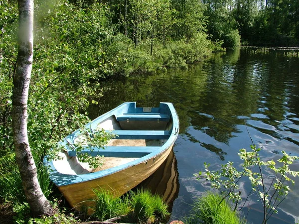 Pequeño Lago Sueco Pasillo Encuentra Amarrado Orilla Espera Pareja Enamorados —  Fotos de Stock