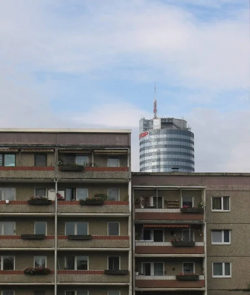 Plaat Gebouwen Voor Jentower Voorheen Intershop Tower Jena — Stockfoto