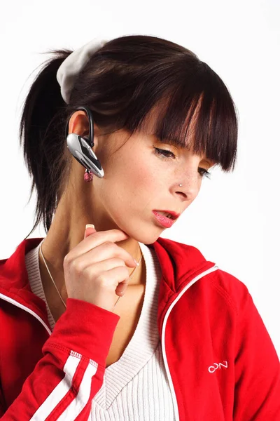 Foto Toont Een Jonge Vrouw Die Telefoneert Met Een Headset — Stockfoto