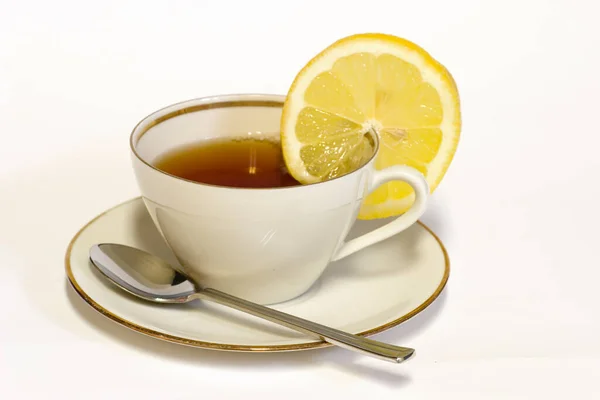 Cup Tea Lemon White Background — Stock Photo, Image