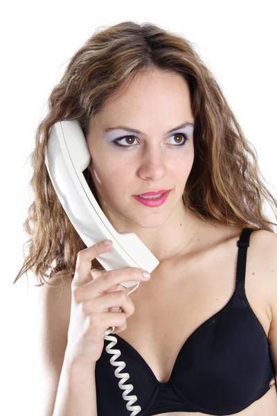 Retrato Uma Bela Jovem Com Telefone — Fotografia de Stock