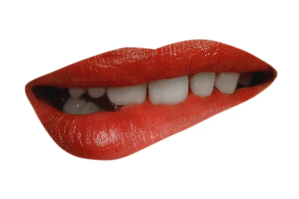 Mooie Lippen Met Rode Lippenstift Geïsoleerd Wit — Stockfoto