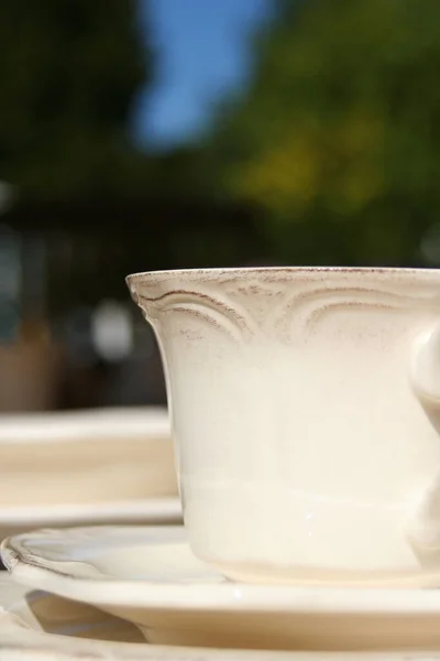 Vase Avec Une Tasse Blanche Sur Table — Photo