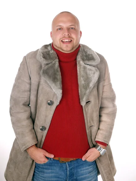Fiatal Férfi Piros Kabátban Elszigetelt Fehér — Stock Fotó