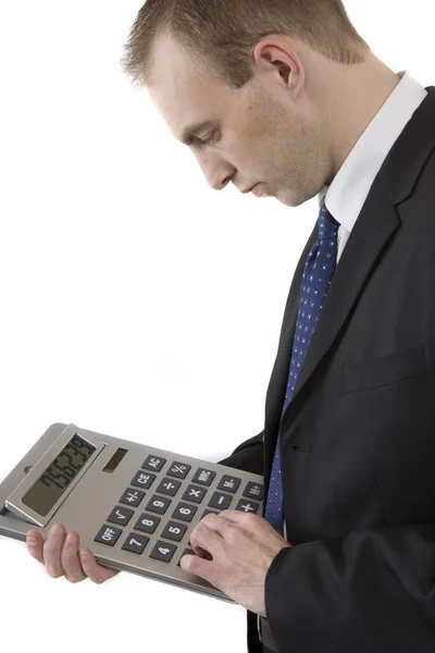 Biznesmen Kalkulatorem Białym — Zdjęcie stockowe