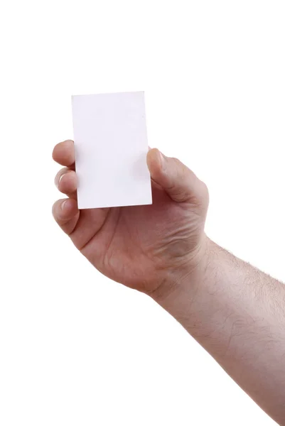 Mão Segurando Cartão Branco Isolado Branco — Fotografia de Stock