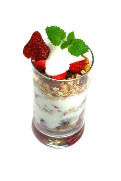 Yogurt Fresh Berries Mint Glass — Stock Photo, Image