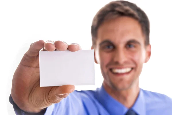 Empresário Tem Cartão Visita Mão — Fotografia de Stock