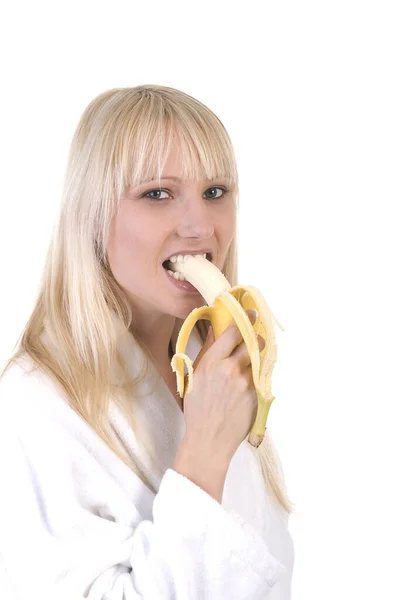 Young Woman Eats Banana — Stock Photo, Image