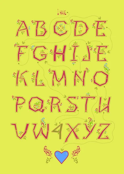 암호화 낭만적 메시지를 예술적 알파벳을 드리겠습니다 장식이 노란색 색깔의 꽃들과 — 스톡 벡터