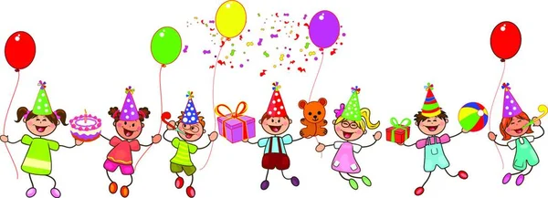 Ομάδα Παιδιών Δώρα Και Μπαλόνια Ευτυχισμένα Παιδιά Δώρα Λευκό Φόντο — Διανυσματικό Αρχείο