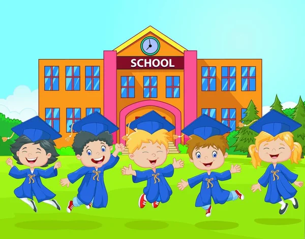 漫画の小さな子供たちは学校の背景で卒業を祝う — ストックベクタ