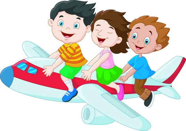 Desenhos Animados Crianças Equitação Avião Isolado Fundo Branco — Vetor de Stock