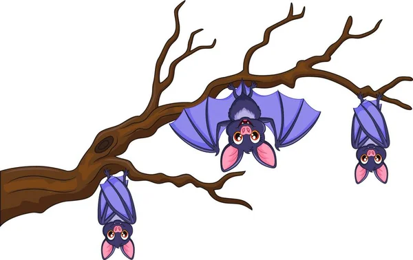 Happy Cartoon Bat Hanging Tree — Stock Vector