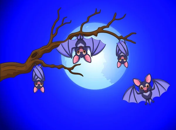 Entzückende Fledermaus Cartoon Schlafen Und Fliegen Der Nacht Mit Vollmond — Stockvektor