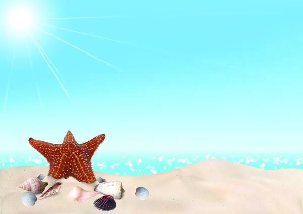 Seashells Seastore Beach Holiday Background White Sand Glittering Sea Background — Διανυσματικό Αρχείο