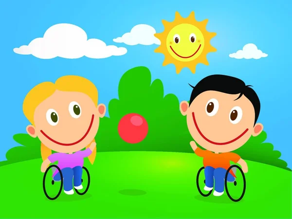Behinderte Glückliche Kinder Rollstuhl Spielen Einem Sonnigen Tag Mit Einem — Stockvektor