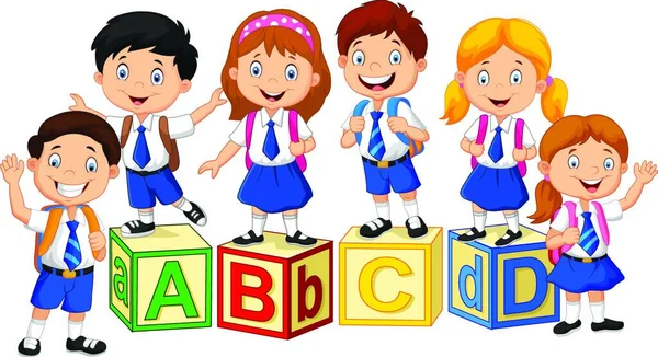 Felice Scuola Bambini Con Blocchi Alfabeto — Vettoriale Stock