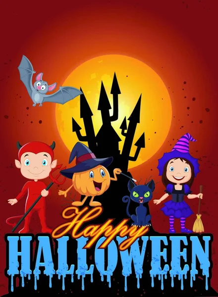 Feliz Halloween Con Niño Fondo Del Castillo — Archivo Imágenes Vectoriales