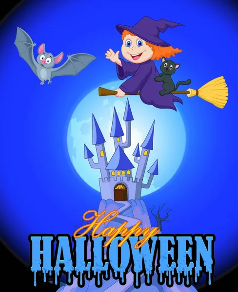 Happy Halloween Bats Little Witch Background Castle — стоковый вектор