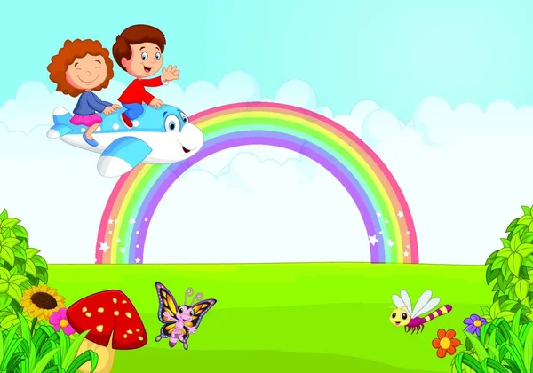 Little Kid Operating Plane Rainbow — Stock Vector