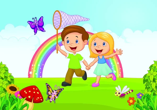 Cartoon Kids Catching Butterfly Jungle — Stock Vector