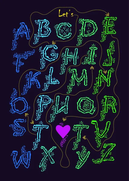 暗号化されたロマンチックなメッセージを持つ芸術的なアルファベット それを取得してみましょう 優雅な装飾が施された青と緑の文字 黒の背景 ピンクのハートはテキストの終わりです ベクターイラスト — ストックベクタ