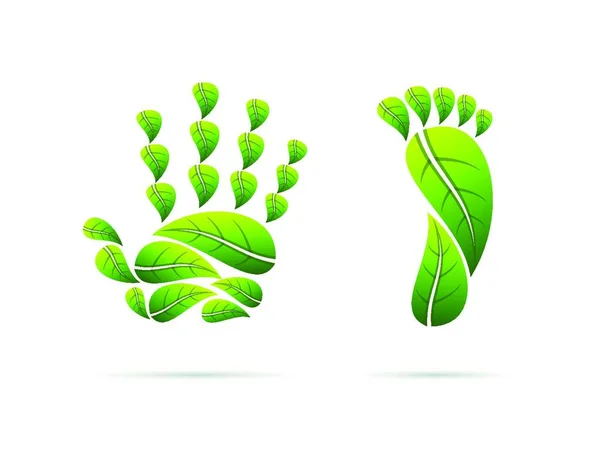Εικονίδια Οικολογικής Έννοιας Πράσινα Φύλλα Σχήμα Χεριού Και Ποδιού Εικόνα — Διανυσματικό Αρχείο