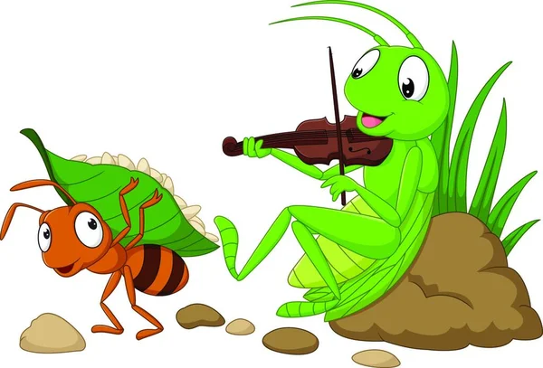 蚂蚁和蚱蜢的漫画 — 图库矢量图片