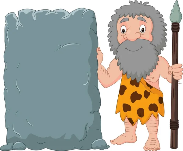 Cartoon Caveman Segurando Sinal Pedra —  Vetores de Stock