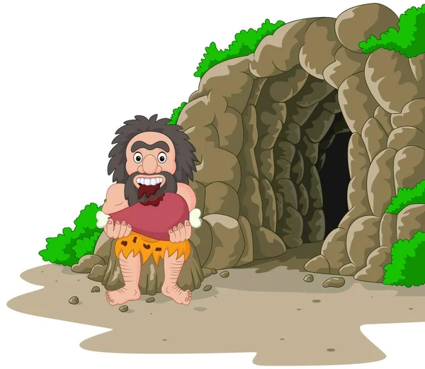 Dessin Animé Homme Des Cavernes Manger Viande Avec Fond Grotte — Image vectorielle