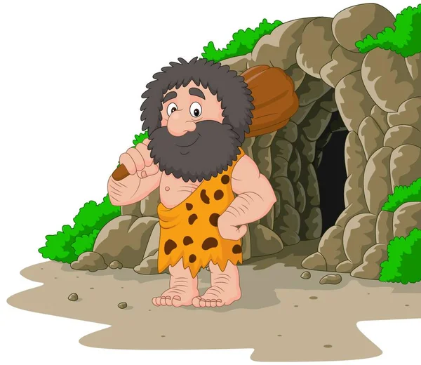 Cartoon Caveman Segurando Clube Com Fundo Caverna — Vetor de Stock
