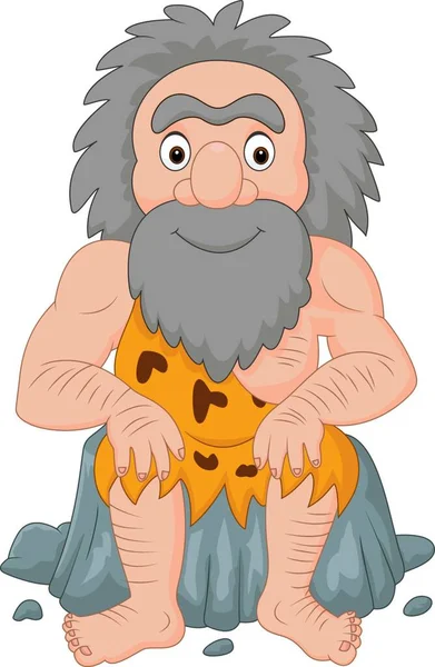 Cartoon Homem Das Cavernas Feliz Sentado — Vetor de Stock