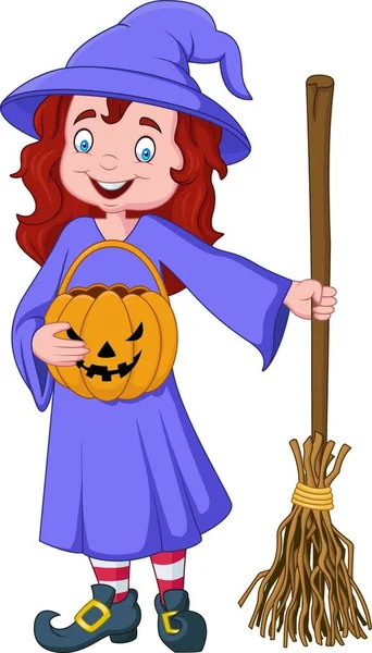 Cartoon Witch Holding Broomstick — Stock Vector