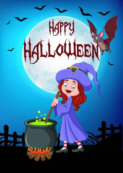 Dibujos Animados Pequeña Bruja Preparando Poción Con Fondo Halloween — Vector de stock