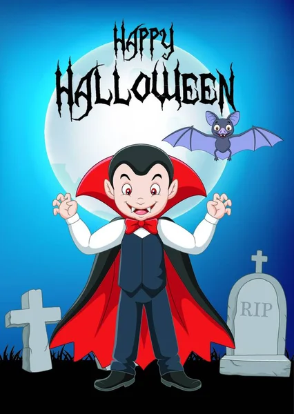 Cartoon Vampier Mascotte Met Halloween Achtergrond — Stockvector