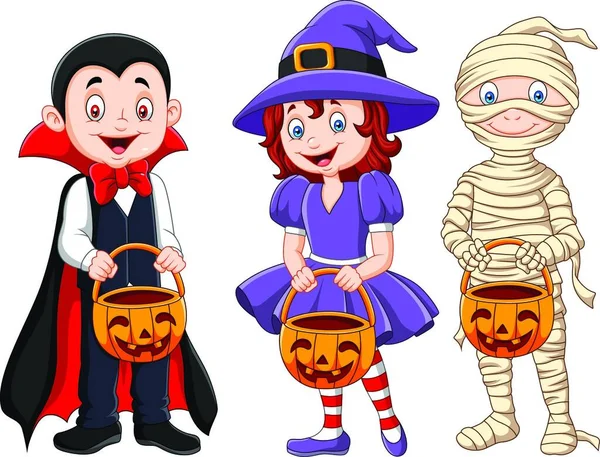 Crianças Dos Desenhos Animados Com Traje Halloween Segurando Cesta Abóbora —  Vetores de Stock