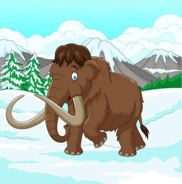 Cartoon Woolly Mammoth Caminando Través Campo Cubierto Nieve — Vector de stock