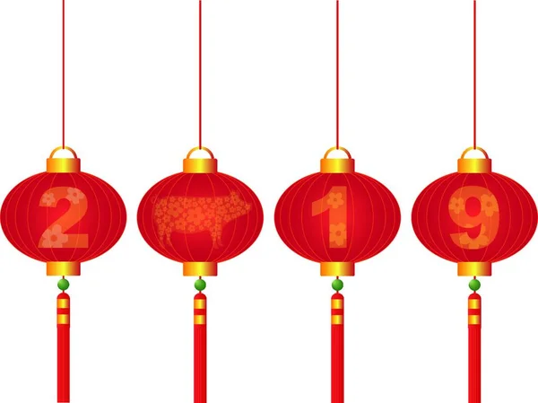 2019 Κινέζικο Σεληνιακό Νέο Έτος Του Κόκκινου Φαναριού Χοίρων Άνθη — Διανυσματικό Αρχείο