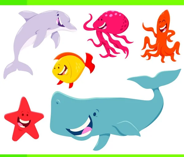 有趣的海洋生物动物人物形象的卡通画集 — 图库矢量图片