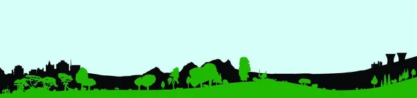 房屋和苍白的天空映衬在山丘背景上的树木覆盖的前景轮廓 — 图库矢量图片