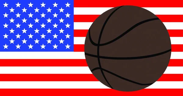 Gran Backetball Marrón Sobre Una Bandera Usa Stars Stripes — Vector de stock