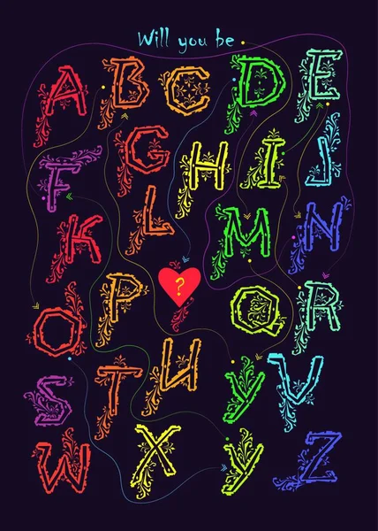 Alfabet Artystyczny Zaszyfrowaną Romantyczną Wiadomością Zostaniesz Moim Chłopakiem Kolorowe Listy — Wektor stockowy