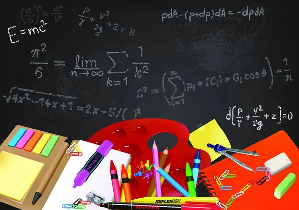 Ιστορικό Επιστροφή Στο Σχολείο Βοηθήματα Και Εξισώσεις Γραμμένο Στο Chalkboard — Διανυσματικό Αρχείο