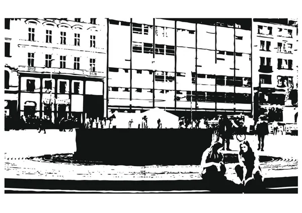Czarno Biały Rysunek Ulicy Miejskiej Plac Budynkami Fontanną Wodną Ilustracja — Wektor stockowy