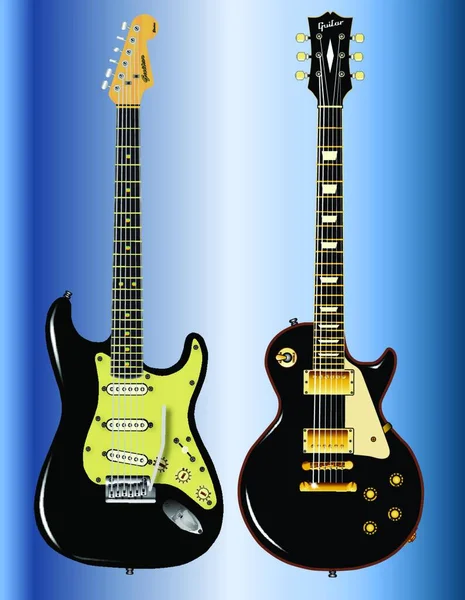 青い背景の上に黒で決定的なロックとロールギター — ストックベクタ