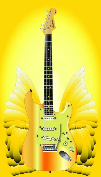 Large Pair Golden Angelic Wings Modern Electric Guitar — Stock Vector