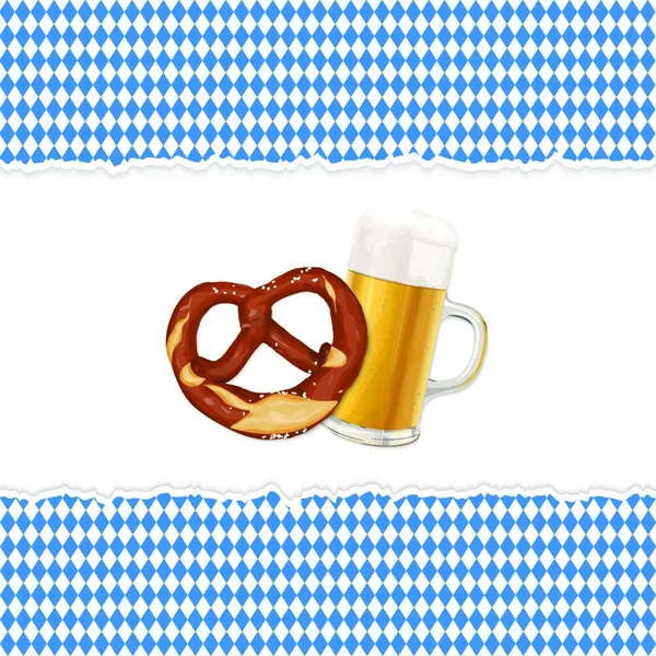 2018年Oktoberfest背景与椒盐卷饼和一杯啤酒 — 图库矢量图片