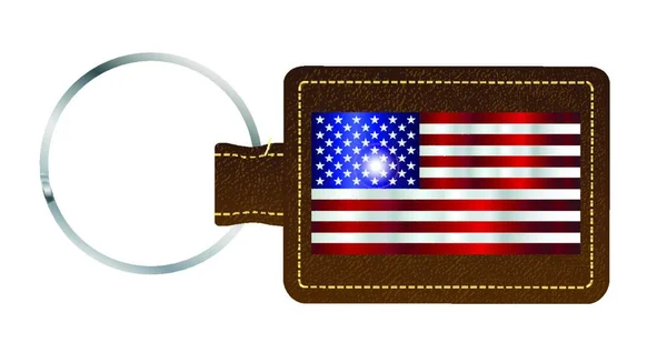 Hnědý Kožený Přívěšek Klíče Prsten Bílém Pozadí Vlajkou Spojených Států — Stockový vektor