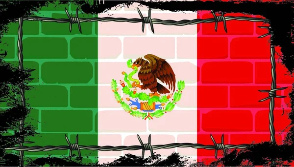 Mexican Flag Brick Wall Barbed Wire Border — Stock Vector